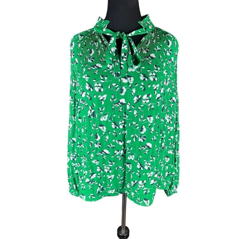 Lauren Ralph Lauren Womens Green White Floral Georgette Tie Neck Blouse Top L